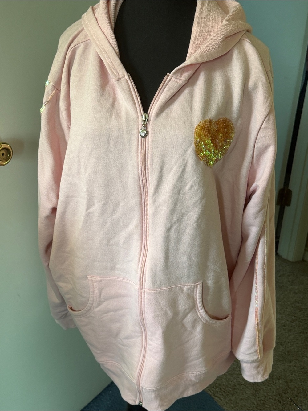 Fashion Bug Light Pink Sequin Heart Zip Hoodie